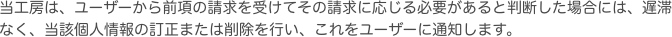 当工房は、ユーザーから前項の請求を受けてその請求に応じる必要があると判断した場合には、遅滞なく、当該個人情報の訂正または削除を行い、これをユーザーに通知します。